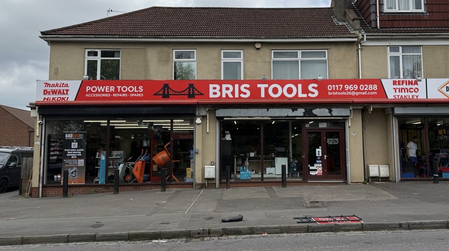 The Bris Tools shopfront on Filton Road, Bristol, with the red sign above open windows